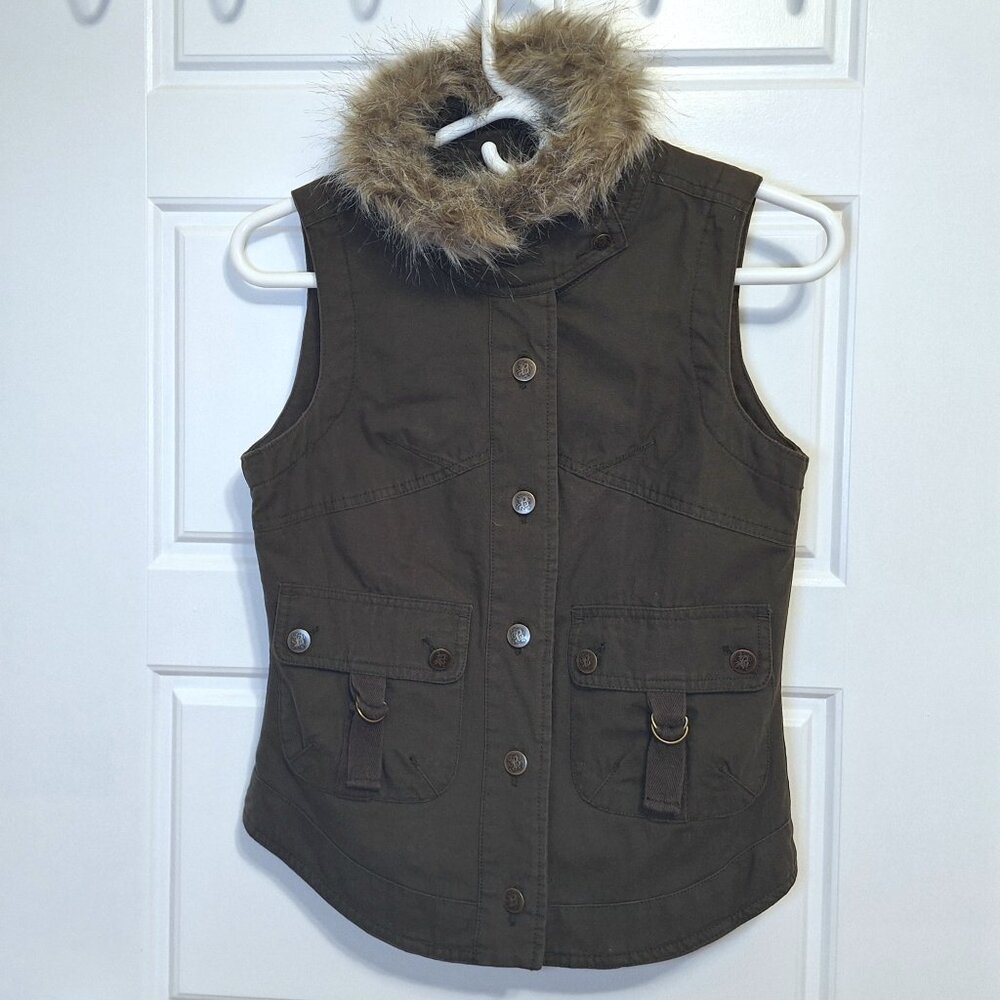 BB Dakota Khaki Quilted Cotton Vest with Detachable Faux Fur Collar Size Small